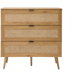 Commode finition bois clair, cannage en rotin et métal noir 3 tiroirs L100 cm MANILLE