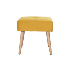 Tabouret bas en tissu effet velours texturé jaune moutarde et bois clair massif H46 cm GUESTA