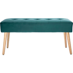 Banc scandinave capitonné en tissu velours bleu pétrole et bois clair L96 cm GUESTA