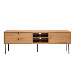 Grâce à sa faible profondeur et sa légèreté visuelle, le meuble TV PERNELLE (L160 x P42 x H54.8 cm) offre une belle capacité ...