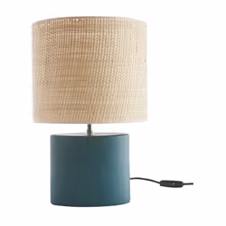 Lampe à poser en céramique bleu pétrole mat et abat-jour en raphia naturel H40 cm TIGA