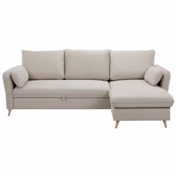 Canapé d'angle convertible réversible avec coffre 3-4 places en tissu beige et bois clair DRISS