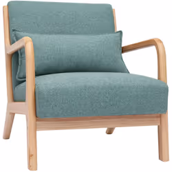 Fauteuil scandinave en tissu vert de gris et bois clair massif DERRY