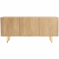 Buffet design gravé finition bois clair chêne et métal doré 3 portes L160 cm OZEN