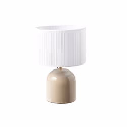 Lampe à poser taupe en céramique brillante et abat-jour en tissu plissé blanc H35 cm PIEGA