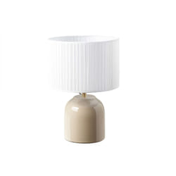 Lampe à poser taupe en céramique brillante et abat-jour en tissu plissé blanc H35 cm PIEGA
