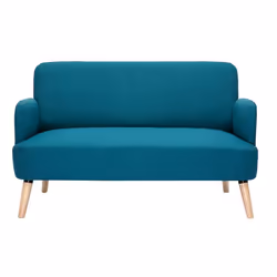 Canapé scandinave 2 places en tissu bleu canard et bois clair ISKO
