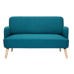 Canapé scandinave 2 places en tissu bleu canard et bois clair ISKO