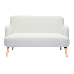 Canapé scandinave 2 places en tissu effet laine bouclée blanc et bois clair ISKO