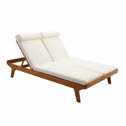 Bain de soleil double avec dossiers multipositions beige et bois massif L127 cm CARACAS