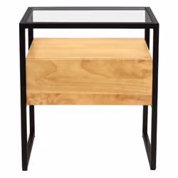 Table de chevet avec tiroir en bois manguier massif, verre et métal noir L50 cm DIYA