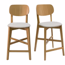 Tabourets de bar en bois clair chêne et tissu beige H65 cm (lot de 2) LUCIA