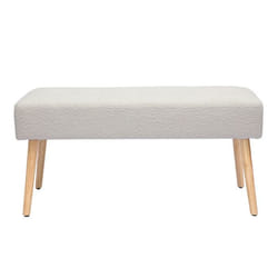 Banc scandinave capitonné en tissu effet laine bouclée blanc et bois clair L96 cm GUESTA