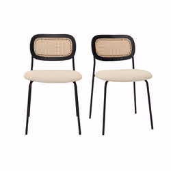 Chaises design en tissu effet velours texturé beige, métal noir et cannage rotin (lot de 2) MIRANDA
