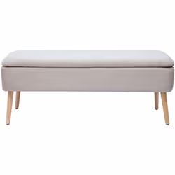 Banc coffre en tissu effet velours texturé beige et bois clair massif L120 cm LARS