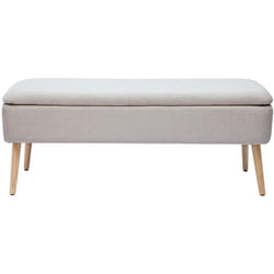 Banc coffre en tissu effet velours texturé beige et bois clair massif L120 cm LARS