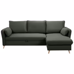 Miliboo - Canapé dangle convertible réversible avec coffre 3-4 places en tissu vert kaki et bois clair DRISS