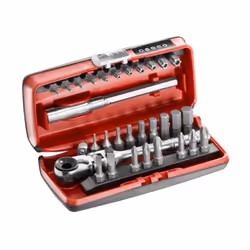 Description générale Coffret d'embouts de vissage 1/4'' ultra-compact de la marque Facom, comprenant un cliquet porte-embouts ...