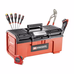 Description générale Boîte à outils en plastique rouge avec fermetures en métal, idéale pour les amateurs de bricolage. Compr ...