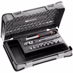 Contenu de la livraison :1 cliquet réversible haute densité 3/8" : J.161B.9 douilles 3/8", 12 pans, dimensions en pouces : J. ...