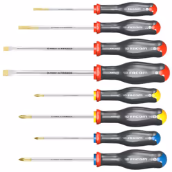 Description générale Jeu de 8 tournevis Protwist AT.J8PB de la marque FACOM, idéal pour vos ateliers. Ce jeu comprend des tou ...