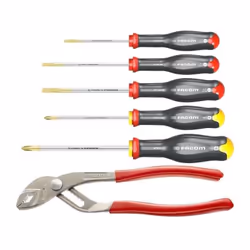 3 tournevis fente : 3,5x75 - 4x100 - 5,5x100 2 tournevis a empreinte Phillips® : 1x100 - 2x125 1 pince multiprise capacité 46 ...