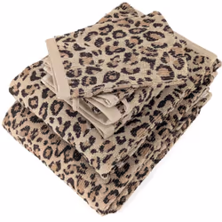 Parure de bain pur coton 5 pièces collection LEOPARD beige léopard Plongez dans l'univers sauvage et élégant de la collection ...