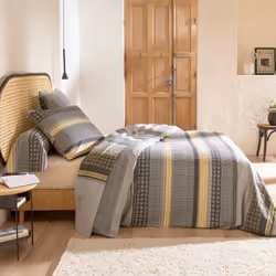 Parure de lit 3 pièces : housse 260x240 cm taies 65x65 cm 100% flanelle de coton JULES gris/jaune Ambiance graphique avec cet ...