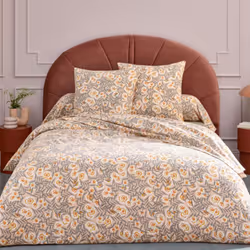 Parure de drap 3 pièces : drap plat 240x300 cm taie 65x65 cm 100% flanelle de coton LILY gris orange La parure de drap de la  ...