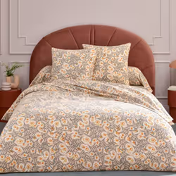 Parure de drap 3 pièces : housse 280x300 cm taie 65x65 cm 100% flanelle de coton LILY gris orange La parure de drap de la col ...