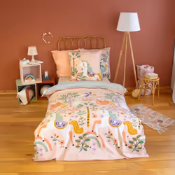 Parure de lit enfant 140x200 cm coton LA DAME A LICORNE rose 2 pièces