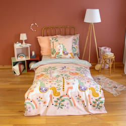 Parure de lit enfant 140x200 cm coton LA DAME A LICORNE rose 2 pièces
