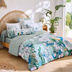 Parure de lit 140x200 cm percale de coton BALI motif floral vert Apportez une touche d'exotisme et de fraîcheur à votre chamb ...