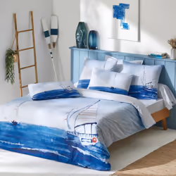 Parure de lit 260x240 cm 65x65 cm percale REGATE bleu 3 pièces Avec la collection Régate, votre chambre prend le large pour u ...