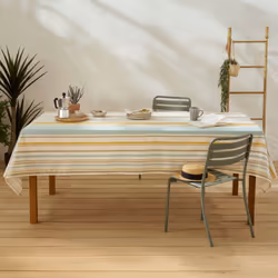 Nappe rectangulaire 100% coton + enduction acrylique ÉVA 160x200 cm beige moutarde Apportez une touche de fraîcheur et d'élég ...