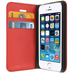 Étui iPhone 5/5S/SE - AVIZAR - Cuir véritable - Rouge - Fonction support - Compartiments cartes