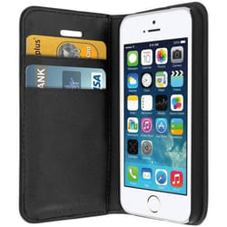 Étui iPhone 5/5S/SE - AVIZAR - Cuir véritable - Noir - Fonction support - Compartiments cartes