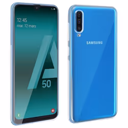 Coque et Film de protection - AVIZAR - Galaxy A50 - Silicone Souple - Verre Trempé 9H - Transparent Blanc
