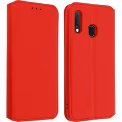 Housse pour Samsung Galaxy A20e - AVIZAR - Étui Folio - Éco-cuir - Rouge - Fonction Support Vidéo