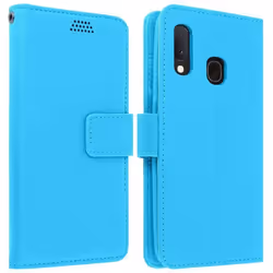 Housse pour Samsung Galaxy A20e - AVIZAR - Étui Folio Portefeuille - Éco-cuir - Bleu - Support Vidéo