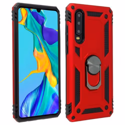 Coque - AVIZAR - Huawei P30 - Bi-matières - Bague de maintien - Support vidéo rouge
