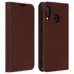 Étui Folio - AVIZAR - Galaxy A20e - Cuir Véritable - Porte-cartes - Support Vidéo - Marron Foncé