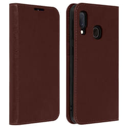 Étui Folio - AVIZAR - Galaxy A20e - Cuir Véritable - Porte-cartes - Support Vidéo - Marron Foncé