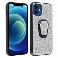 Coque iPhone 12 Mini - AVIZAR - Paillettée - Bi-matière - Argent Gris - Bague de maintien