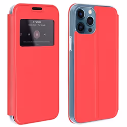 Housse iPhone 12 Pro Max - AVIZAR - Éco-cuir Rouge - Fenêtre dAffichage - Support Vidéo - Porte-carte