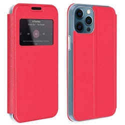 Housse iPhone 12 Pro Max - AVIZAR - Éco-cuir Rouge - Fenêtre dAffichage - Support Vidéo - Porte-carte