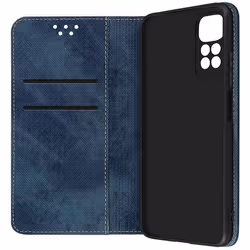 Étui AVIZAR pour Xiaomi Redmi Note 11 et Note 11s - Tissu Denim - Porte-carte et Support Vidéo - Bleu
