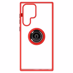 Coque - Samsung - Galaxy S22 Ultra - Bi-matière - Bague Métallique - Support Vidéo Rouge