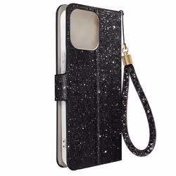 Étui pour iPhone 15 Pro Max Pailleté Disco Portefeuille Support vidéo - AVIZAR - Noir - Rigide - Lisse - Mixte