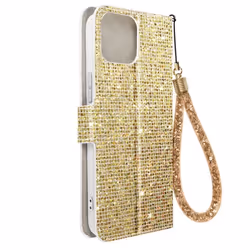 Étui pour iPhone 14 Pailleté Disco Portefeuille AVIZAR - Jaune - Support vidéo - Coque Rigide